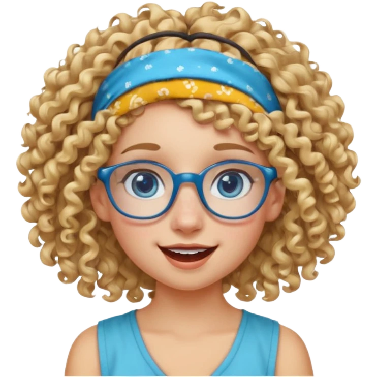 blond kid with unique face features and very curly hair kid girl happy and big glasess and big nose and very blue eyes and headband with freckles emoji