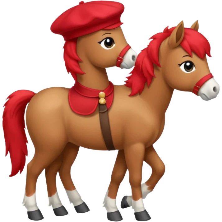 A cute pony (horse) emoji, full body, standing in side view, wearing a stylish red beret. emoji