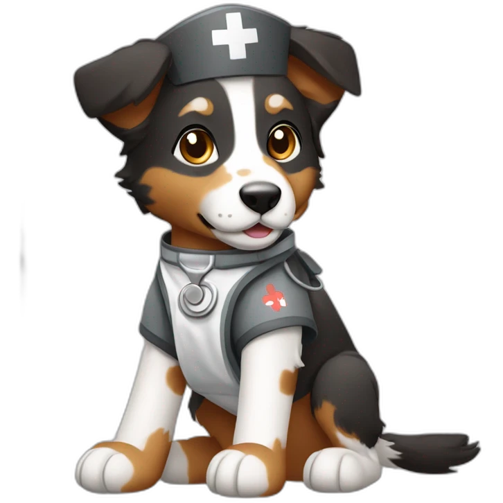 A nurse Black white brown and grey Australian sheperd with bandage on leg emoji