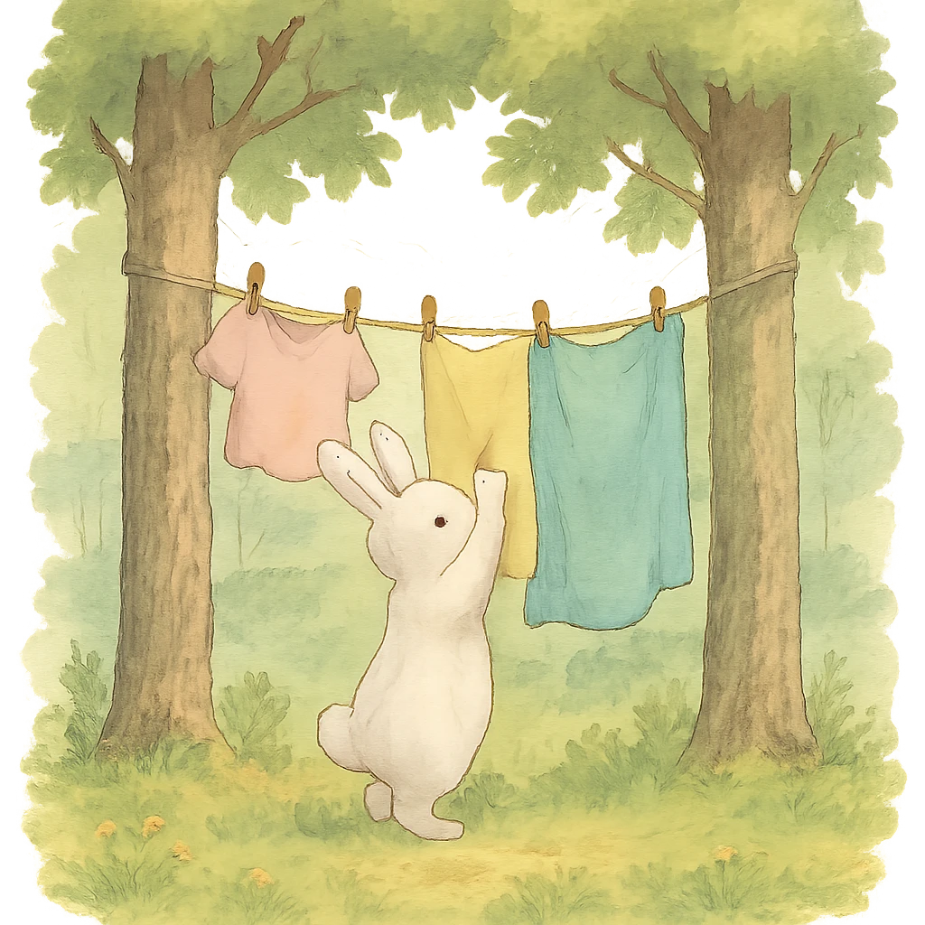 bunny hanging laundry between trees, calming domestic forest feel, soft pastel colors, high quality, no imperfections emoji