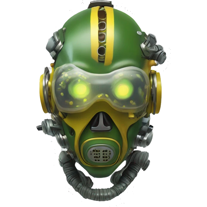 Green skin cyborg head with dark yellow Mohawk, white respirator mask and circuitry emoji