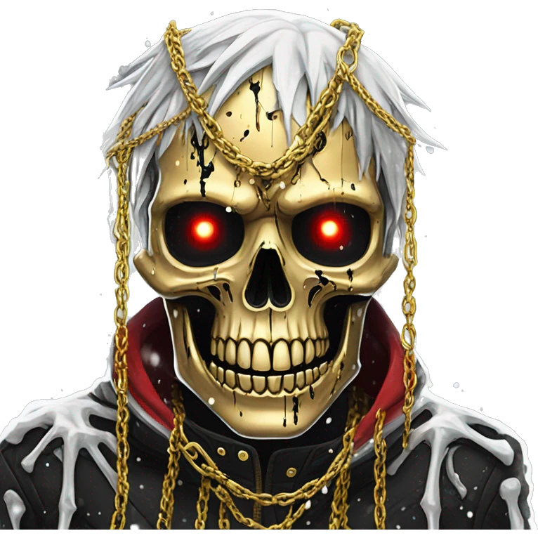 White skeleton zombie person covered in golden chains and black graffiti scribbles and red and silver doodles snowing snowflakes emoji