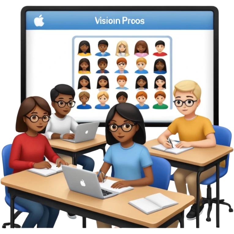 Birdseye view of large study space with students working separately add students wearing Vision Pros emoji