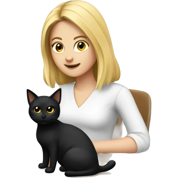 A medium haired blonde girl designing with a computer, with a black cat  emoji