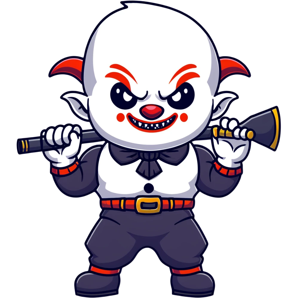 full-body muscular demonic clown in a black and white leisure suit with bellbottom pants, bald, with black ram horns, flashy black and white belt, ruffled white shirt, no neck tie, large fangs, holding a very large futuristic rifle emoji