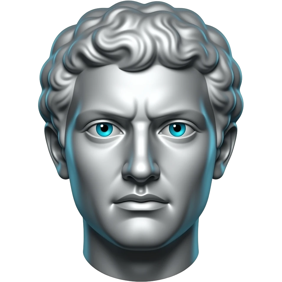 "A chrome/silver stoic Greek statue head, front-facing, serious focused expression, glowing cyan (#00D4B1) eyes, dark background. Chrome reflections with subtle cyan light accents. Clean, no background, emoji style, high detail. The statue represents discipline, focus and self-mastery." emoji