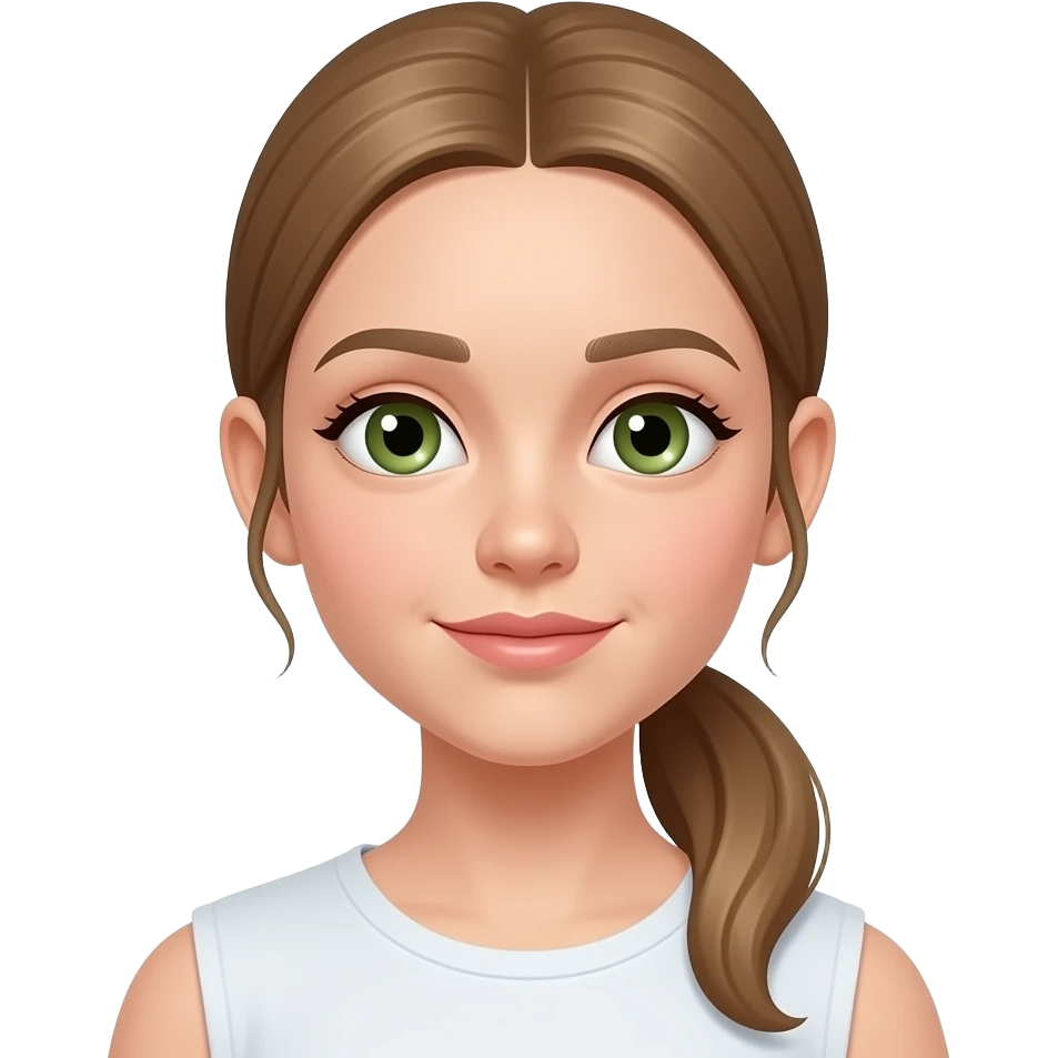 Una niña piel blanquita cara algo ovalada delgada ojos algo verdes cabello largo color café claro y con una coleta baja de cabello emoji