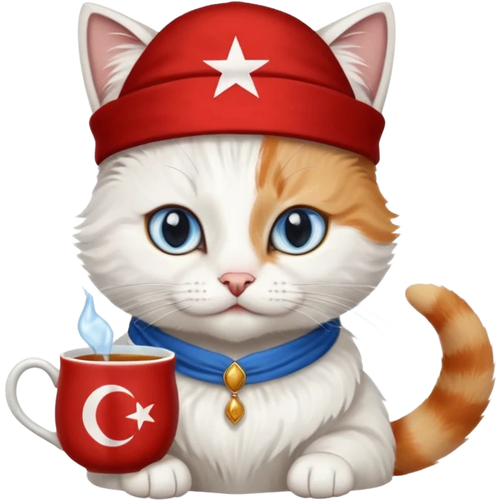 Arkasında Türk bayrağı olan  ve çay içen kafasına fes takan bir van kedisi emoji