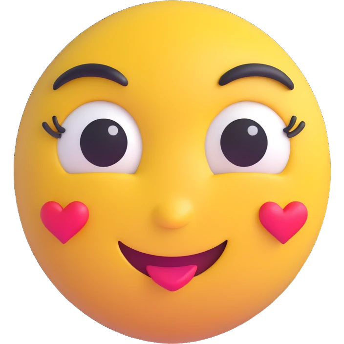 3D smiley emoji, large eyelashes, girly, heart-shaped face paint, cheerful emoji