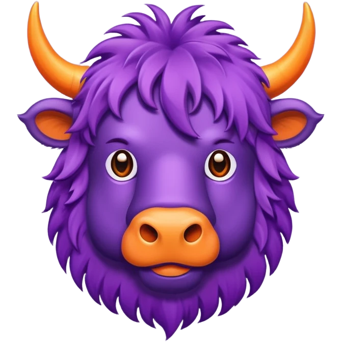 a purple yak Head with pieces of orange paper hanging in his head emoji
