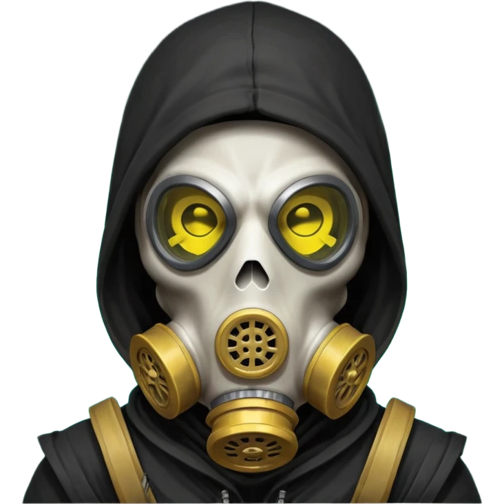 skeleton wearing a gas mask portrait, head and shoulders only, dark hood, glowing eyes inside mask, post-apocalyptic vibe, 3D cartoon, mobile game icon style, clean background, no text, no watermark
 emoji