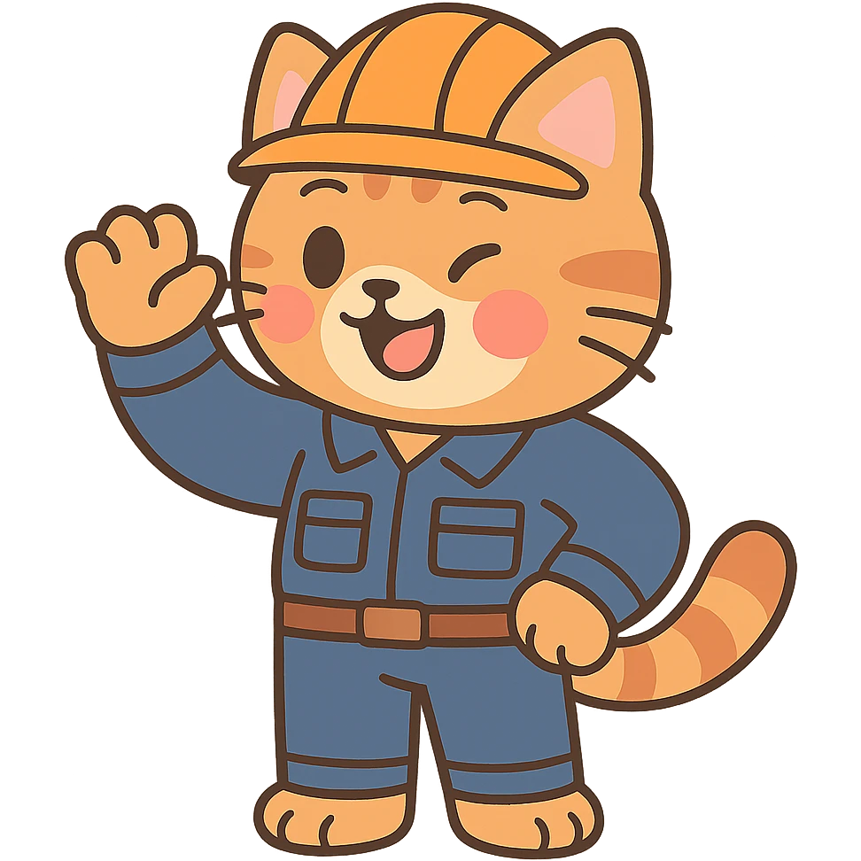 cat character with orange hard hat and work uniform, anime inspired emoji