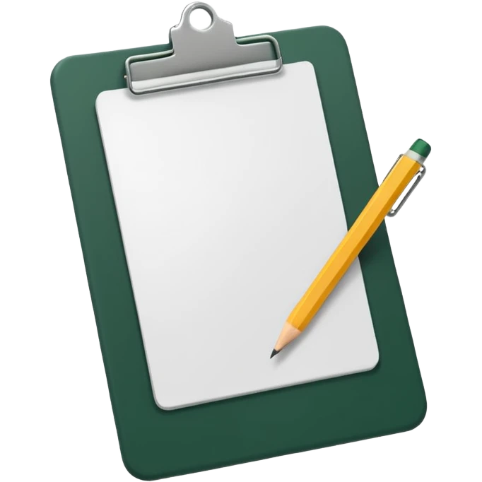 white sheet of paper with dark green clipboard, pencil at an angle, iOS emoji style, minimalism emoji
