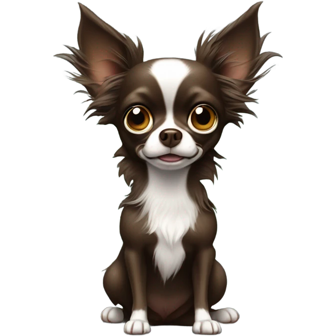 Long haired dark brown chihuahua with white chest with grinch emoji