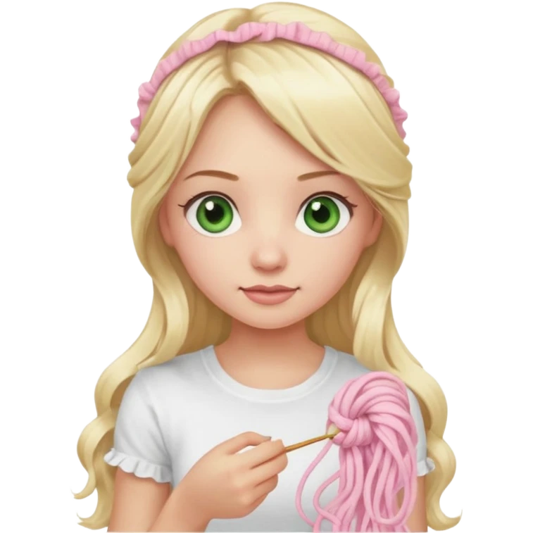 Knitting girl, blonde, long hair, light green eyes, the tshirt is white with ruffles, cute, the yarn is light pink emoji