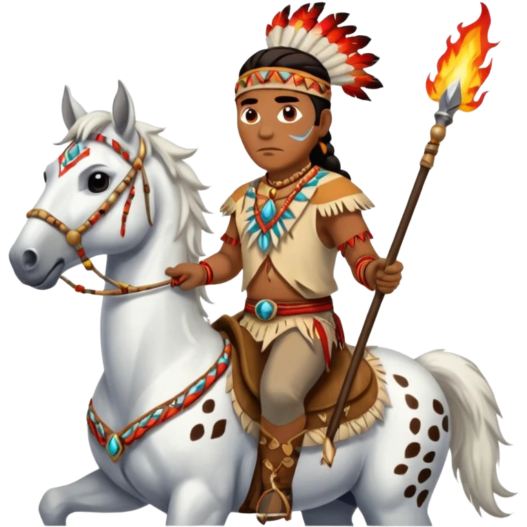 Male Chief Osceola wearing traditional Seminole garb and face paint , riding a white Appaloosa horse while holding a Native American spear that has feathers on tail and flames on spear head emoji