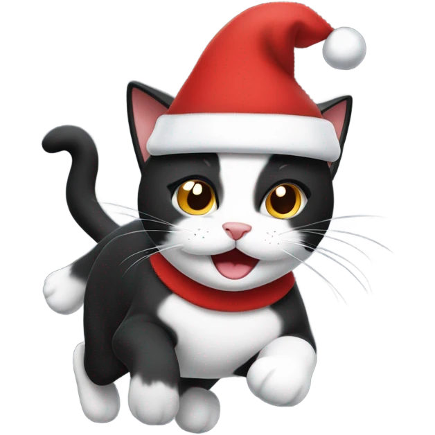 Running black and white cat wearing a Santa hat  emoji