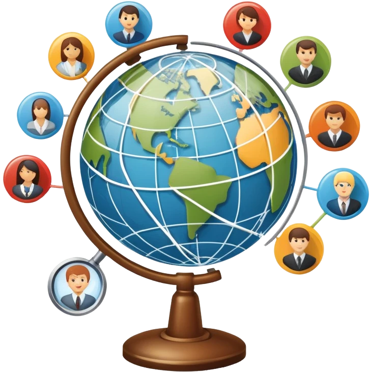 An icon featuring a group of people, a network diagram, and a magnifying glass, symbolizing sociology. The design includes a globe and interconnected lines, representing social structures and relationships. Transparent background highlights the study of societies and human behavior. emoji