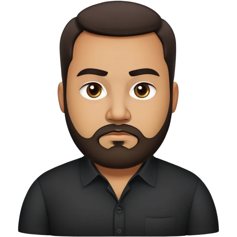 Heavier-set producer with light brown skin, pear-shaped face, full cheeks, serious dark eyes, thick eyebrows, wide nose, confident expression, short well-groomed beard, very short dark hair, wearing a black dress shirt emoji