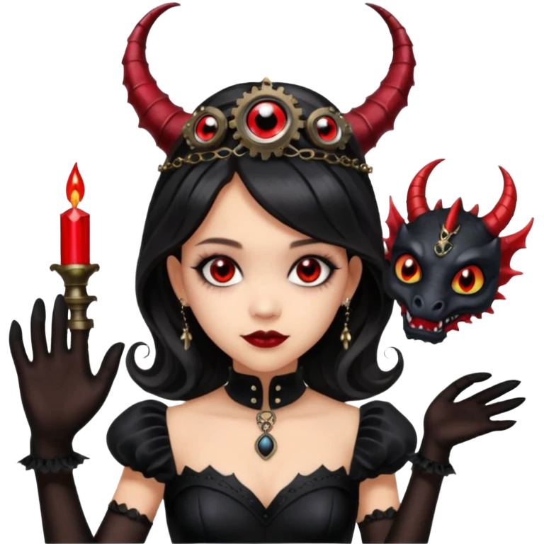 Lavish black evening gown with see-through gloves, Jenna Ortega as Addams woman wearing a steampunk mini tiara, very large blood red evil-looking horned old dragon evil eyes  emoji