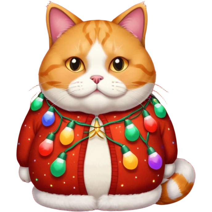 fat, sleeping cat wearing a christmas sweater wrapped in christmas lights emoji