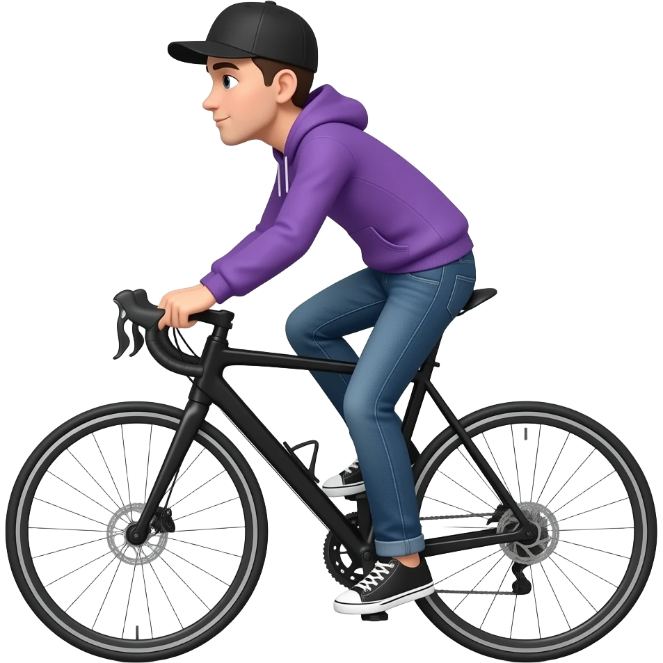 tall skinny guy with black basecap and purple hoodie and jeans rides a black bycicle in white backgrund. emoji