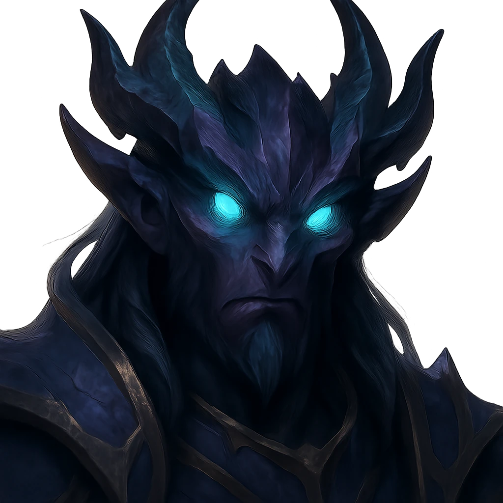 portrait of a League of Legends hero face with non-human features, glowing eyes, fantasy game art style emoji