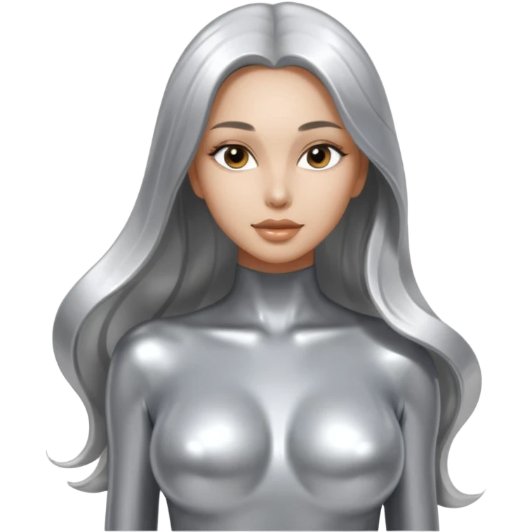 abstract sensual skinny&busty body silhouette, liquid silver chrome, smooth curves,chrome silver long hair, chrome metallic color face and body, sensual poses emoji