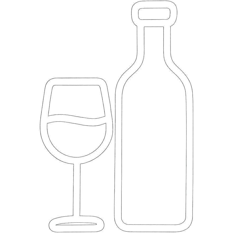 hand-drawn outline icon of a glass of wine and a wine bottle, white color only emoji
