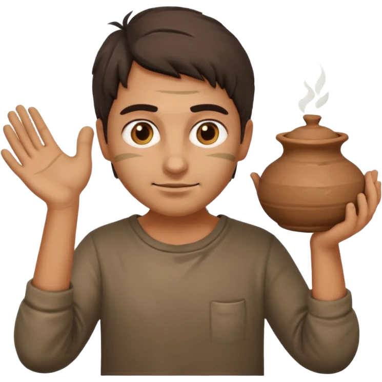Emoji portrait of a Greek potter. Simple clothes, hands and face smudged with clay, focused expression. emoji