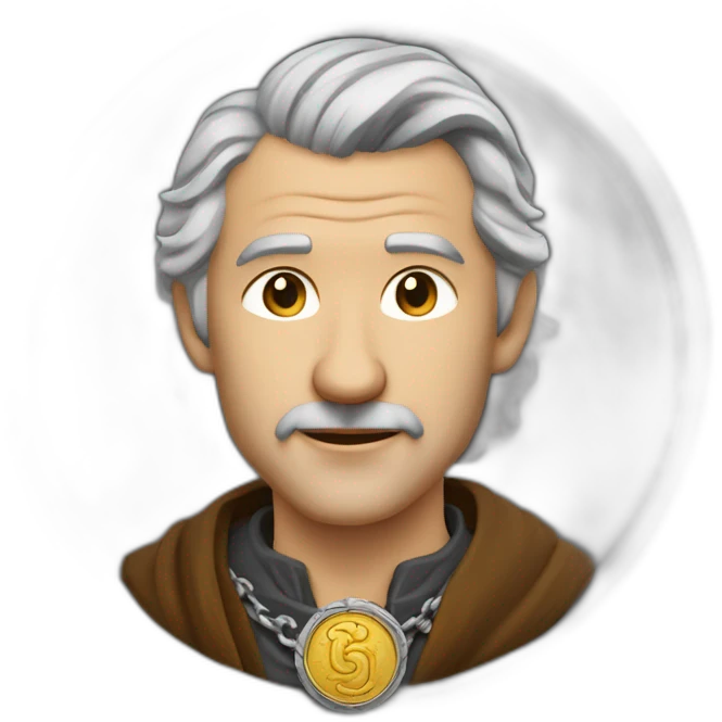 medieval coin engravers guild leader, 50 years old, grey hair, bust, has a necklace with a coin emoji
