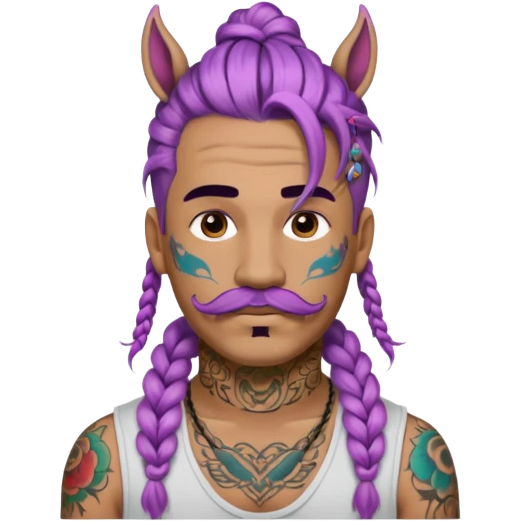 big lose braids starting from the top sides of the head hair like a unicorn man with mustache face wiith big visible loose only two braids and lots and lots of colored face tattoos colored tattoos like a tattoo artist hair unique color emoji