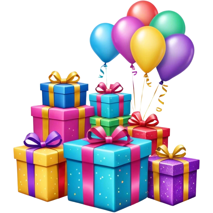 Birthday presents with bows, balloons and glitter paper emoji