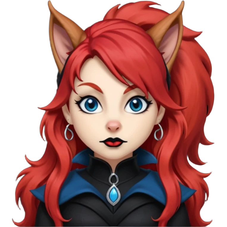  long curly blood red hair (darker), red pointed squirrel ears with black trim, black goth outfits, body and face human, blue eyes, more pointy chin, black lipstick, one big fluffy red squirrel tail with black tips, close her mouth, less evil looking emoji