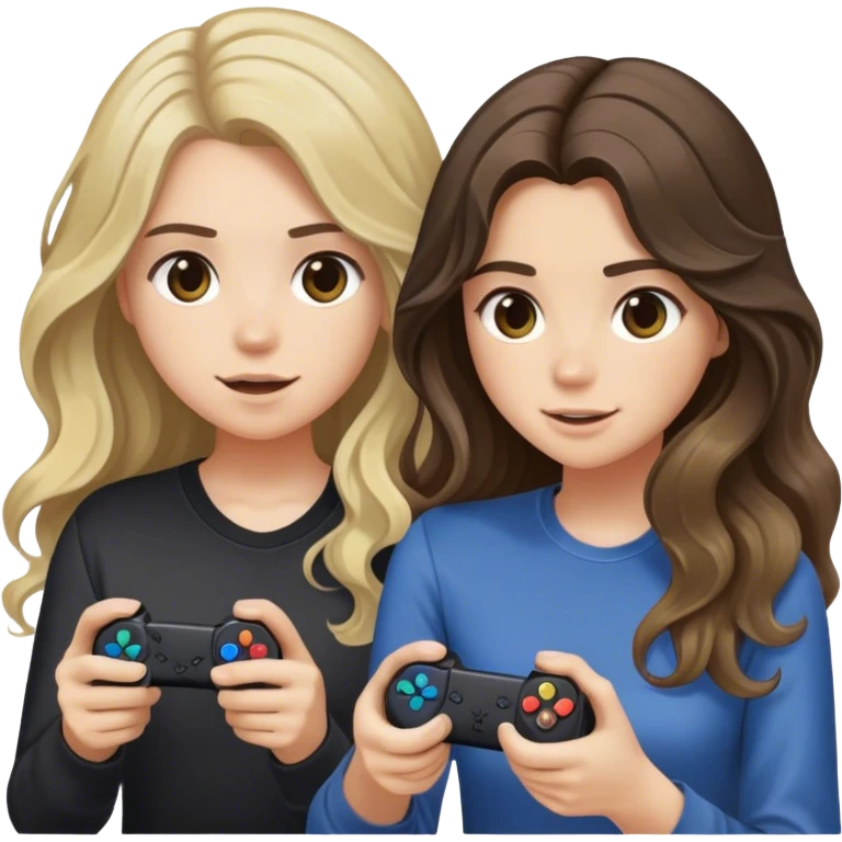 Brunette girl with long wavy hair with balayage and light blond guy playing playstation emoji