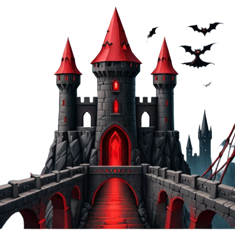 Evil Fortress witch Red Beacon shooting into sky and bridge, two towers very dark emoji
