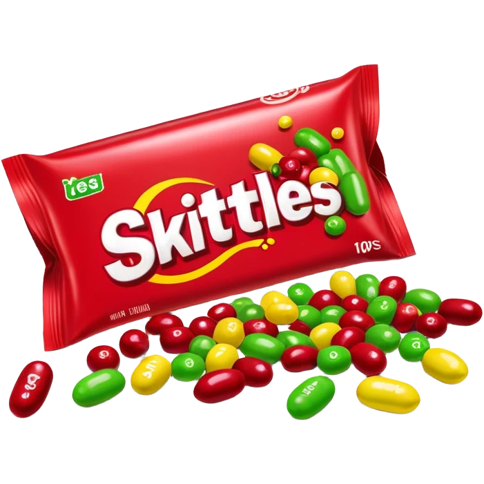 Red Skittles package with logo, the original red Skittles pack design, with only green Skittles candies spilling out emoji
