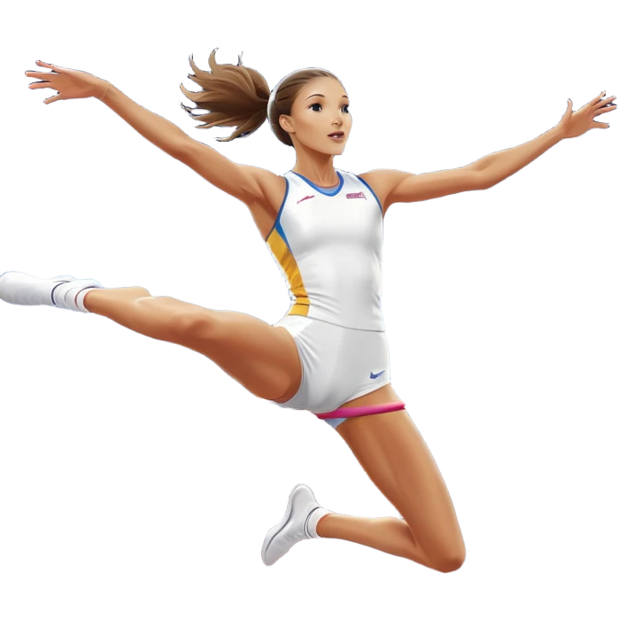 An icon featuring a female high jumper in mid-air, gracefully clearing a bar on a track. She wears a white athletic uniform and appears focused, with the background showcasing a vibrant stadium with cheering spectators and bright lights. Transparent background highlights the elegance  emoji
