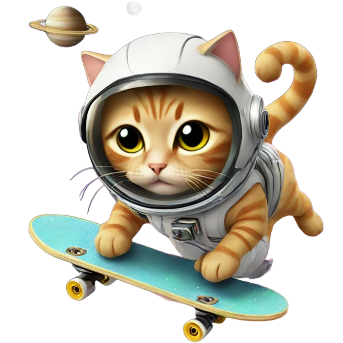 Cat skateboarding in space on saturn, while eating noodles emoji