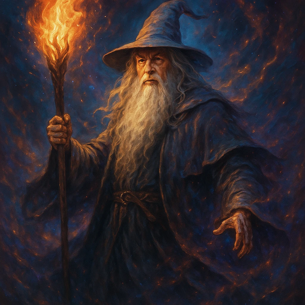 Gandalf wizard with a flaming staff, magical aura, vibrant colors, epic pose, cinematic fantasy emoji