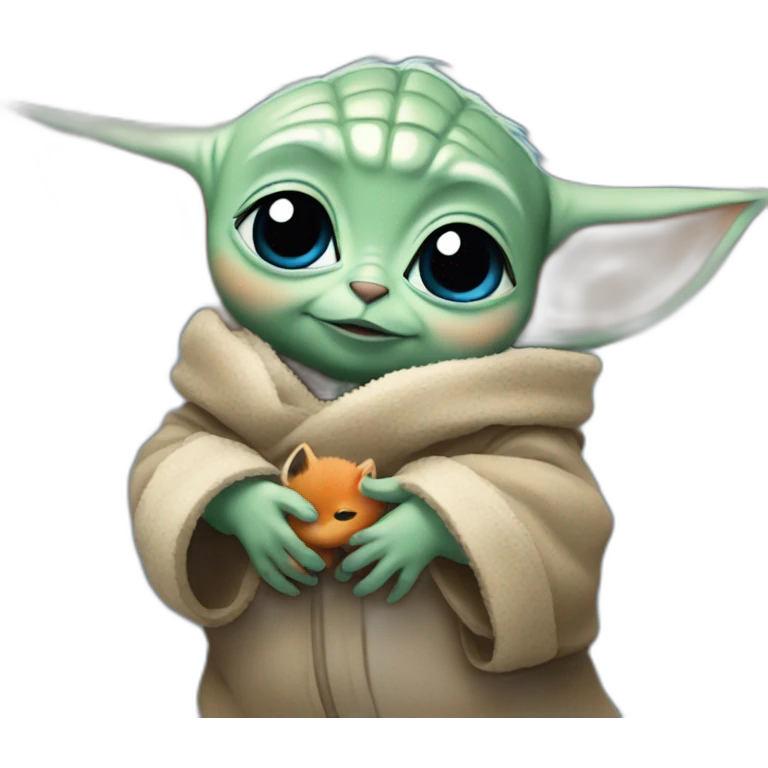 baby Yoda hugging little fox with blue eyes emoji