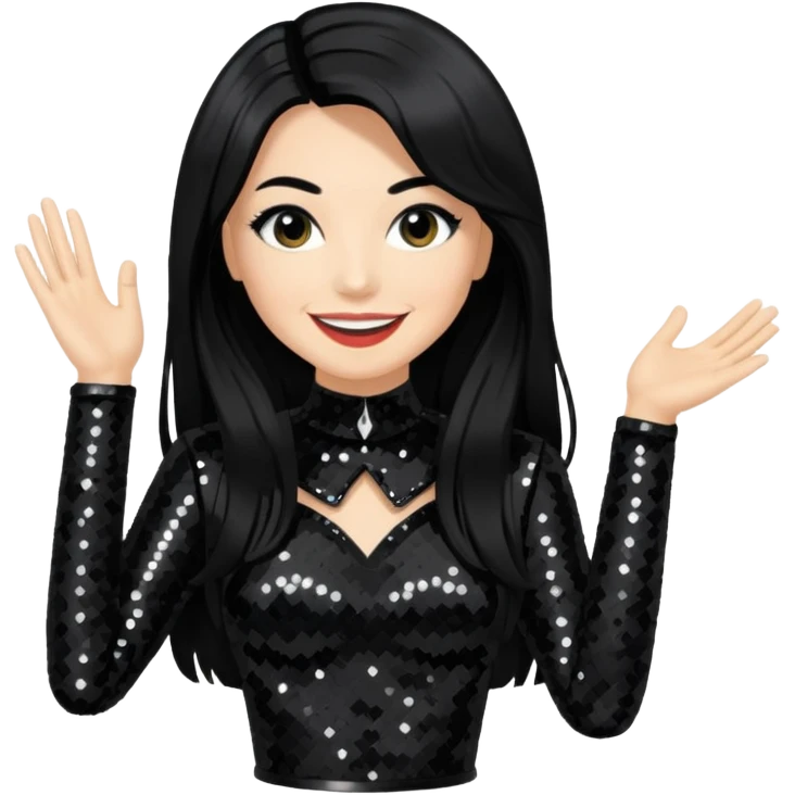 Janet Planet, Female Electropop Singer from Confidence Man with long black hair, black sequin outfit emoji