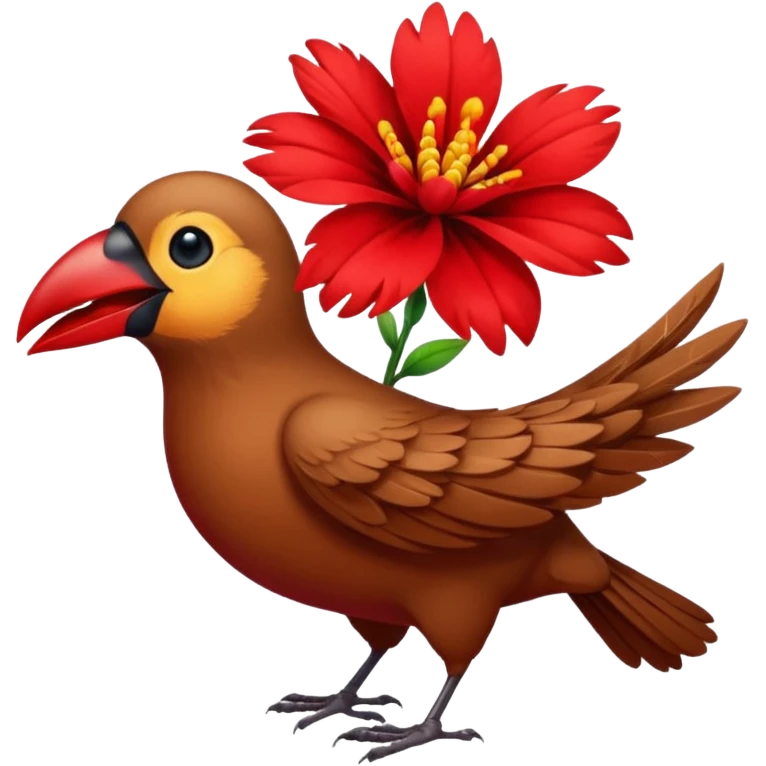 A bird carrying a red flower in its mouse  emoji