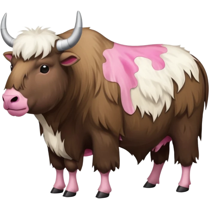 A shaven yak. Viewed from the side, it should have large pink patches where its fur has been completely shaven. emoji