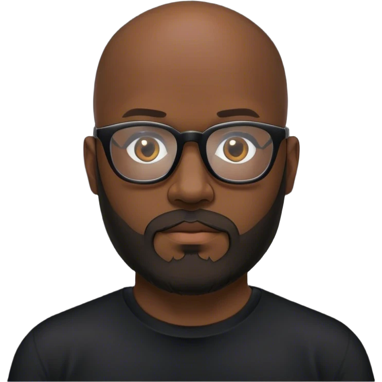 Dark skinned bald guy with black glasses , beard , and black shirt emoji