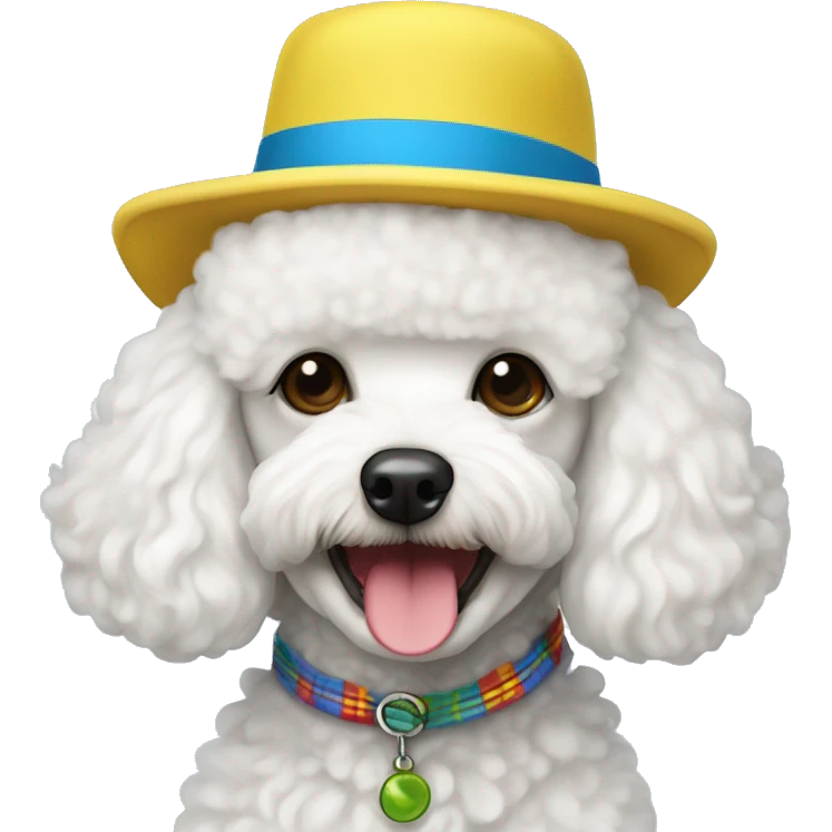 happy white toy poodle with a hat that is bright blue, yellow, bright green, red and black  emoji