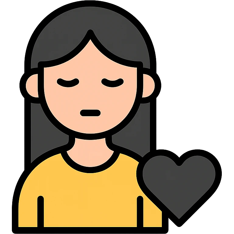 pale girl with long black hair and a black heart emoji