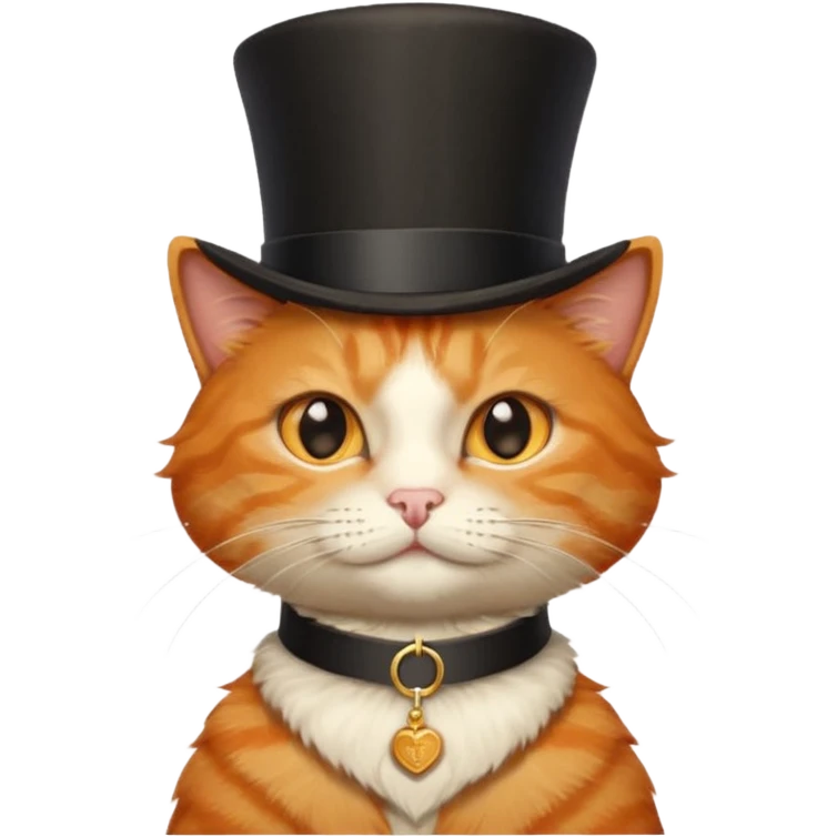 Orange cat wearing a top hat and collar that says snickerdoodle  emoji