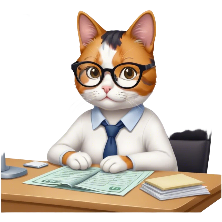 Cat wearing glasses, at a desk, preparing taxes  emoji