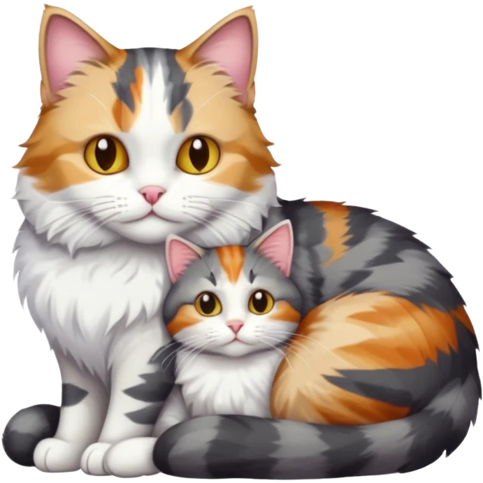full body colourful light patched calico + white tabby cat cuddling a large dark grey and white tabby cat  emoji